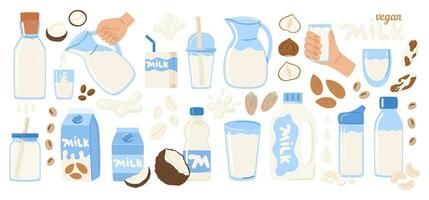 Vegan milk set in different packages. Alternative non-dairy vegetarian drink. Healthy organic lactose free milk from almonds, cashews, hazelnut, pistachio. Vector illustration in doodle style