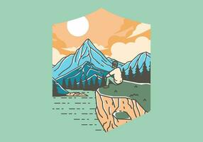 Outdoor illustration of a man sits on a cliff with views of lakes, forests and mountains vector