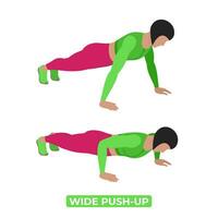 Vector Woman Doing Wide Push Up. Bodyweight Fitness Chest Workout Exercise. An Educational Illustration On A White Background.