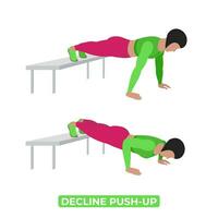 Vector Woman Doing Decline Push Up. Bodyweight Fitness Chest Workout Exercise. An Educational Illustration On A White Background.