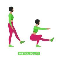 Vector Woman Doing Pistol Squat. One Leg Squat. Bodyweight Fitness Legs Workout Exercise. An Educational Illustration On A White Background.