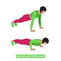 Vector Woman Doing Regular Push Up. Bodyweight Fitness Chest Workout Exercise. An Educational Illustration On A White Background.