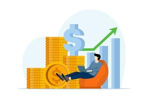 Concept of successful investment, financial success, increasing wealth or becoming a rich man relaxing in front of gold coins. Earn, save and invest cash, stack of money coins with growth graph. vector