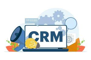 concepto de crm, cliente relación gestión, organización de datos acerca de trabajo con clientela, corporativo estrategia planificación, negocio datos análisis, plano vector ilustración en un blanco antecedentes.