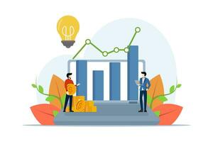 Concept of investment, growth, funds, finance and accounting, trading, financial growth, Characters analyzing investment, financial success and money growth. flat design vector illustration.