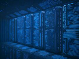 AI generated Blue digital binary data on computer screen background. binary code background . abstract blue background photo