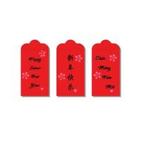 Red envelope with Happy new year in Chinese, English, Vietnamese. Flat vector illustration isolated on white background. Element for spring, lunar new year, chinese new year concept.