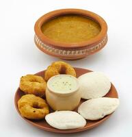 South Indian Popular Breakfast Idli Vada Served With Sambar And Coconut Chutney photo