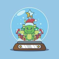 Cute dragon in snow globe. Cute christmas cartoon character illustration. vector