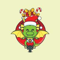 Cute dragon carrying christmas gift with motorcycle. Cute christmas cartoon character illustration. vector