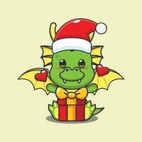 Cute dragon with christmas gift. Cute christmas cartoon character illustration. vector