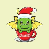 Cute dragon wearing santa hat in cup. Cute christmas cartoon character illustration. vector