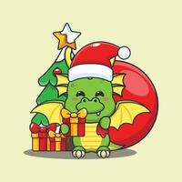 Cute dragon carrying christmas gift. Cute christmas cartoon character illustration. vector