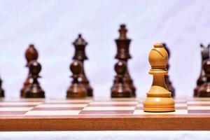 a chess board with a wooden king on top photo