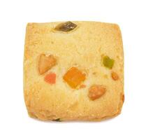 Delicious Tutti Frutti Cookie or Biscuit on White Background photo