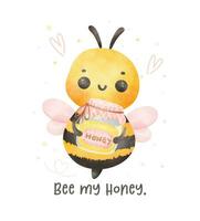 linda bebé abeja con miel tarro acuarela dibujos animados personaje mano pintura ilustración vector. vector