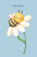 linda bebé miel abeja dormido en flor acuarela dibujos animados personaje mano pintura ilustración vector. abeja contento vector