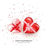 Heart shaped gift boxes with silk bow and confetti on background. Valentines day greeting card. Vector illustration