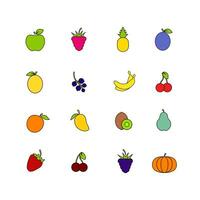 Set of fruit isoloted on white background. Healthy food collection. Flat style with stroke illustration. Icons of different fruit and berries. Vector