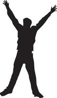 a boy with happy arms outstretched while jumping silhouette on white background vector