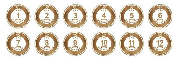 Set 12 month Year warranty vector art illustration in gold color with fantastic font and white background. Eps10 Vector