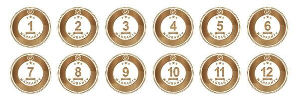 Set 12 month Year warranty vector art illustration in gold color with fantastic font and white background. Eps10 Vector