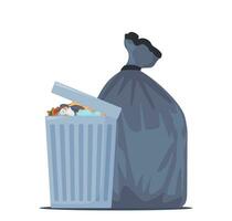 Full garbage bin and black plastic trash bag. Overflowing recycling container with trash. Black recycle can. Street dump pollution, bin container pile, trashcan basket. Vector illustration.