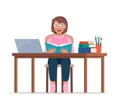 Online learning. Primary school girl pupil sit at desk. Knowledge, creativity, discoveries. Online courses of preschool education, distance learning or homeschooling. Vector illustration.