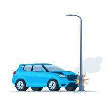 Car accident. Damaged transport on the road. Car crashed into a pole. Damaged transport. Collision on road, safety of driving personal vehicles, car insurance. Vector illustration.