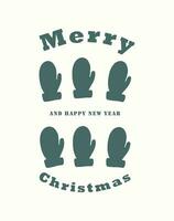 Merry Christmas and Happy New Year. Greeting card on a New Year's theme. Mittens with vintage winter ornament. White background and green mittens vector