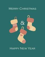 Happy New Year greetings on a green background with three Santa's socks hanging. Merry Christmas and Happy New Year. vector