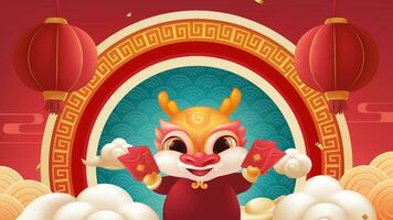 Spring Festival background design a lovely dragon happily holding a red envelope vector