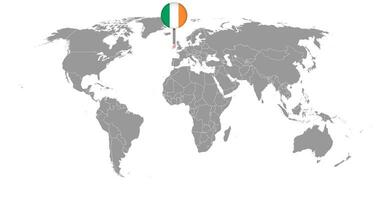 Pin map with Ireland flag on world map. Vector illustration.