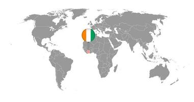 Pin map with Ivory Coast flag on world map. Vector illustration.