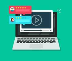 Video content review testimonials online on laptop computer or feedback and reputation rate chat evaluation on pc vector flat cartoon, internet webinar or web video player with rating survey