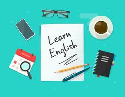 aprendizaje trabajando escritorio mesa y educación lugar de trabajo con estudiar Inglés idioma papel sábana documento texto vector plano dibujos animados poner, concepto de trabajo sitio parte superior ver con teléfono, lista y café taza imagen