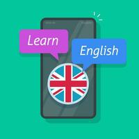 aprendizaje Inglés en teléfono inteligente aplicación o estudiar exterior idioma en móvil celular teléfono en línea vector plano dibujos animados aislado, digital educación cursos concepto icono, Teléfono móvil Internet solicitud