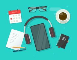 Workplace desk with learning stuff and mobile empty blank mobile phone or working table flat lay with smartphone screen and audio headphones vector, concept of education or study modern design image vector