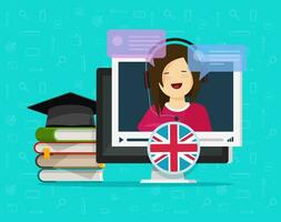 English language video online distance learning on desktop computer or education concept on pc with teacher speaking chat vector flat style cartoon illustration, remote study foreign language image