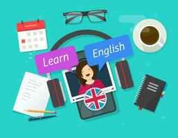 educación concepto de aprender Inglés en línea en celular teléfono o estudiar exterior idioma en móvil teléfono inteligente lección en trabajo escritorio mesa vector plano dibujos animados ilustración, estudiando Inglés lugar de trabajo imagen