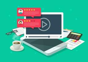 Video content review testimonials online on mobile phone workplace or feedback and reputation rate chat evaluation vector flat cartoon illustration, internet web video player with rating survey image