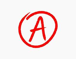 Letter A with red circle. Suitable icon to provide high value score. Approval emblem logo. vector