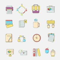 Set Of 16 Office and Workplace colorful design. Business, Employe, Document, Project, Employe, mail, bank, coffee, watch, keyboard, editable. Vector illustration EPS10