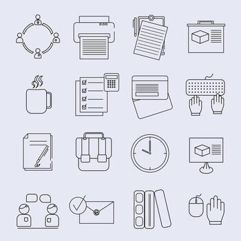 Set of 16 Office and Workplace web icons inline style.white background. easy Editable Employee, conference, project, document, business, work, Vector illustration. EPS 10