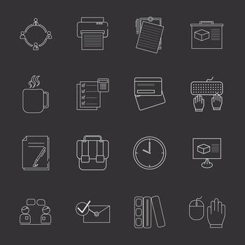 Set of 16 Office and Workplace web icons inline style. with a black background, Employee, conference, project, document, business, work, Vector illustration. EPS 10