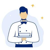 Waiter with tray, flat vector illustration.