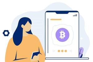 mujer y móvil teléfono con cripto intercambiar aplicación y bitcoin firmar en pantalla, plano vector ilustración.