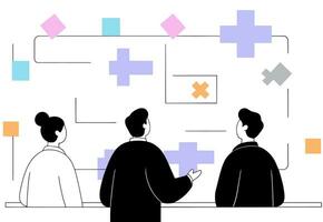 Three people solve a problem or putting together a puzzle, flat vector illustration.