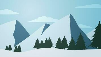 Snowy mountain landscape vector illustration. Scenery of snow covered mountain in winter season. Winter mountain landscape for background, wallpaper or illustration