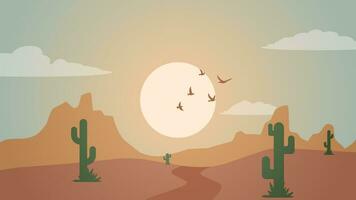 Desert landscape vector illustration. Scenery of rock desert with cactus and flock of birds. Wild west desert landscape for illustration, background or wallpaper